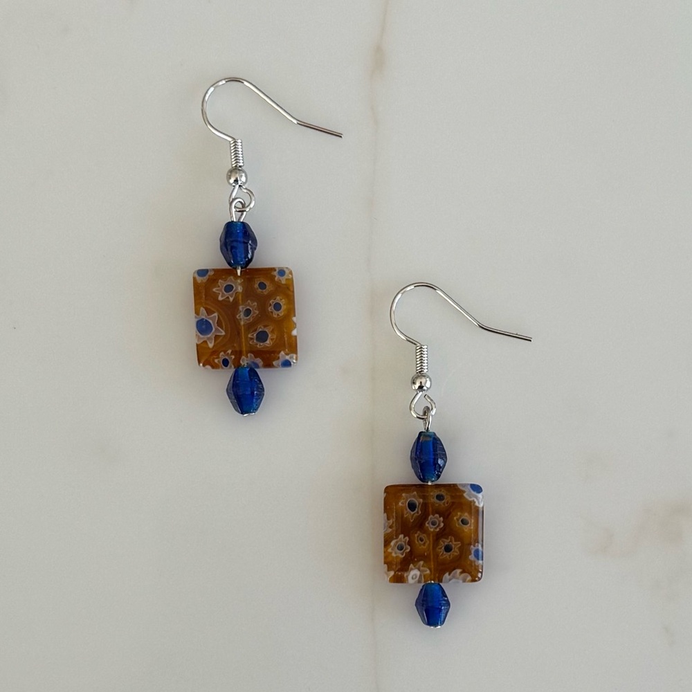 NWOT Sundance Golden Calico Earrings, Glass, Acrylic, Sterling Silver